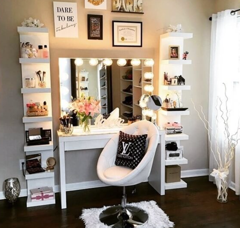 Combine IKEA Bookcases with a Console to Create Your Makeup Vanity Setup
