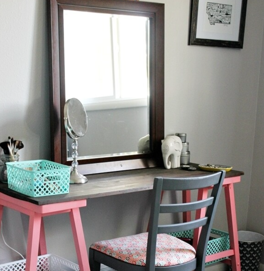 Create This Easy Vanity Table for a Teen’s Room with Kitchen Stools, A Wood Slab and a Mirror Frame
