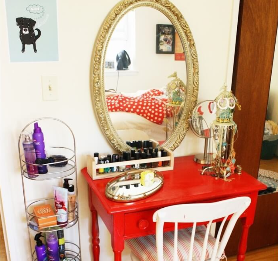 Create a Minimal Makeup Vanity Setup with a Metal Rack and a Small Drawer Table.