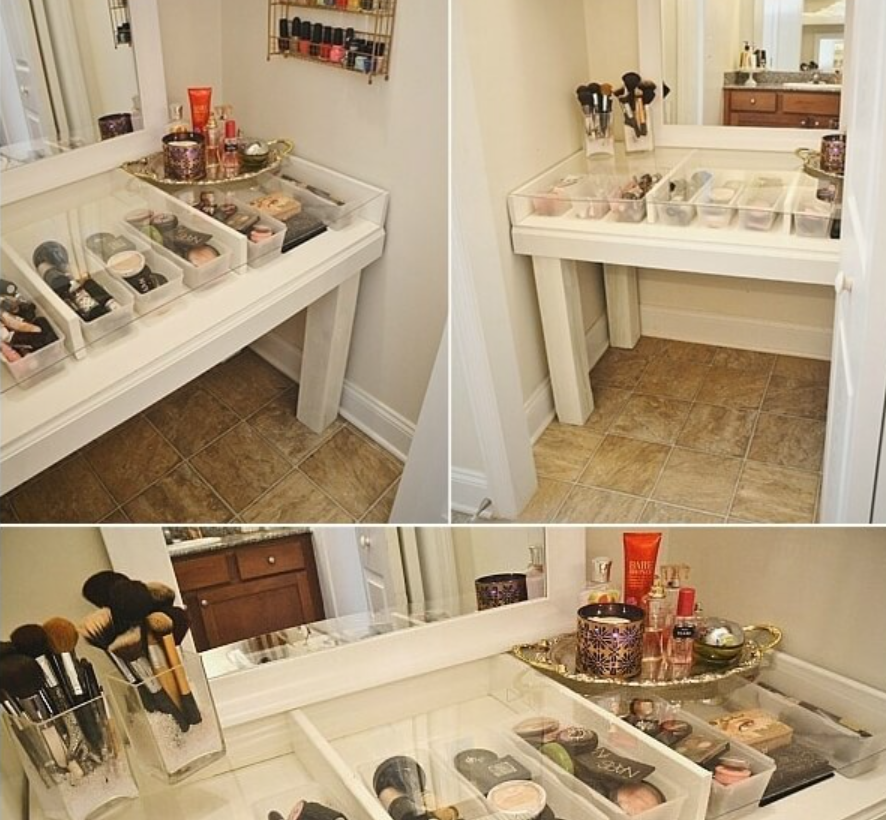 Make a Wood Table Glass Top Vanity with Storage Compartments Like These
