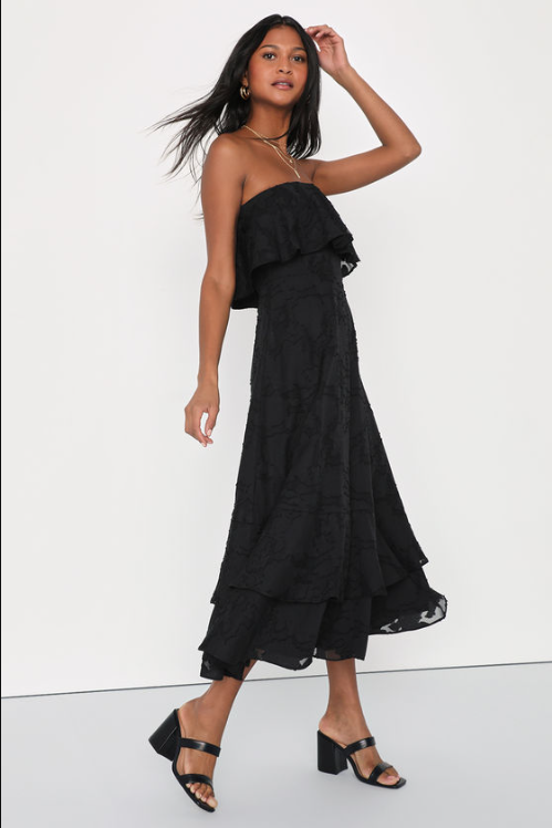 Black Burnout Floral Strapless Midi