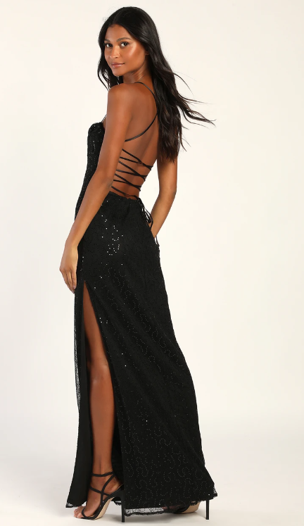 Black Cowl Lace-Up Maxi Dress