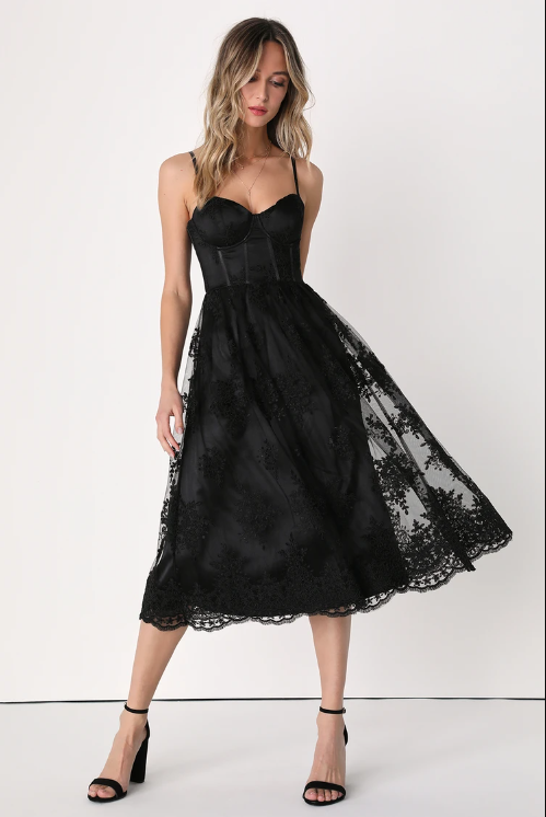 Black Lace Bustier Midi Dress