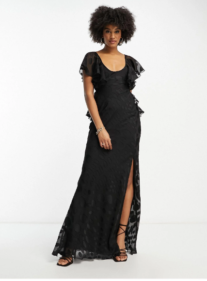 Black Lace Flutter Sleeve Maxi Dress