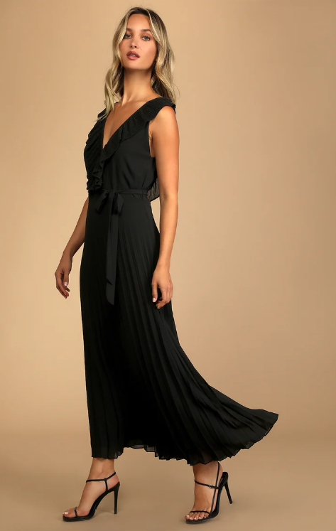 Black Pleated Chiffon Maxi Dress