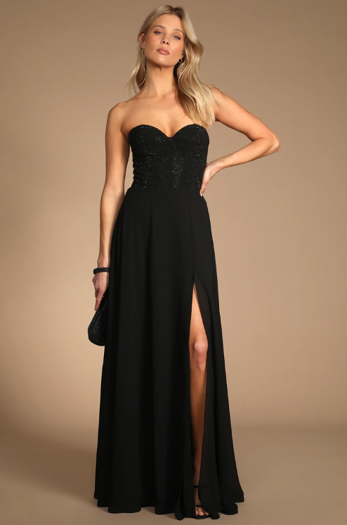 Black Rhinestone Strapless Maxi Dress