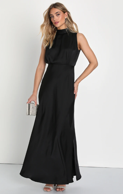 Black Satin Sleeveless Mock Neck Maxi Dress