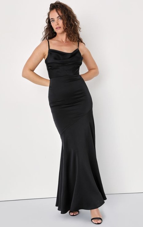 Gala Glamour Black Satin Backless Mermaid Maxi Dress